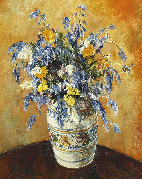 Bluebells and Narcissi in a Decorated Vase, (oil on canvas)