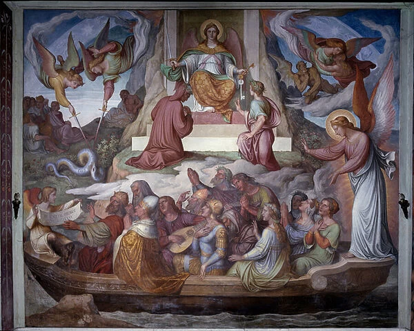 The boat of souls and the entrance of Dante and Virgil in the mountain of Purgatory