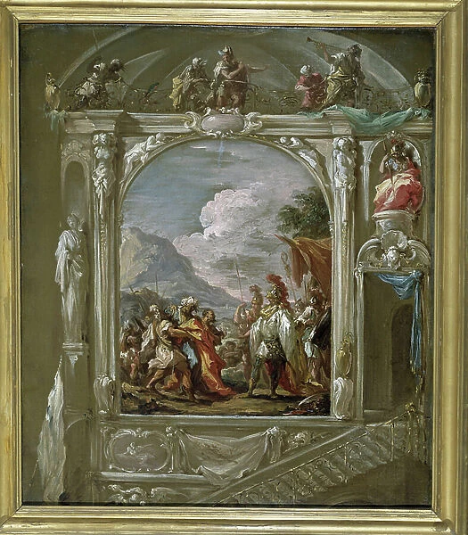 The body of Darius III was brought to Alexander the Great in 330 BC. Painting by Giovanni Antonio Pellegrini (Gianantonio Pellegrini) (1675-1731) Pinacoteca Civica of Ravenna