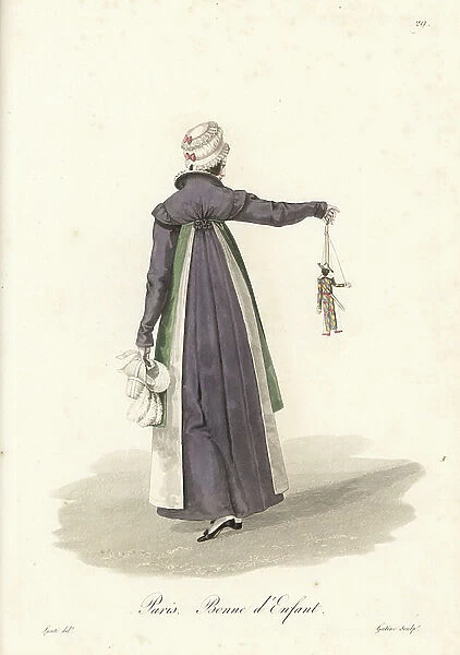 Bonne d'enfant - Child's maid, Paris, early 19th century, in blue coat with green and white apron, carrying a child's bonnet and puppet - Handcoloured copperplate engraving by Gatine after an illustration by Louis-Marie Lante from ' Ouvrieres de