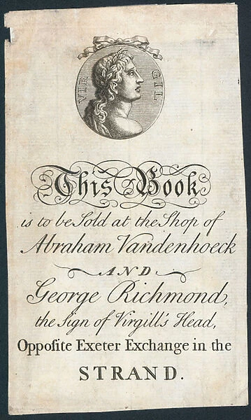 Book plate, this book is to be sold at the shop of Abraham Vandenhoeck and George Richmond (engraving)