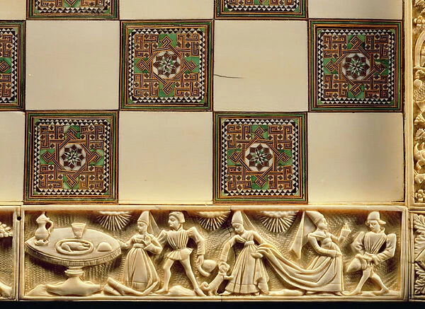 Border of a chessboard depicting courtly life, 1415 (ivory)