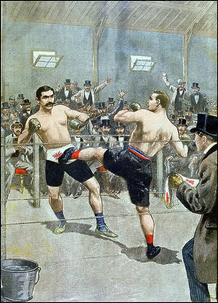 Two boxers fighting in a ring, 1893