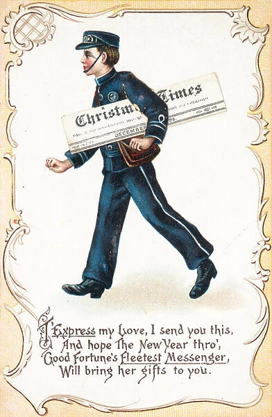 Boy delivery Christmas Times Newspaper, Christmas Card (chromolitho)