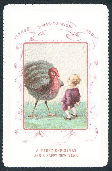 Boy face-to-face with turkey, Christmas Card (chromolitho)