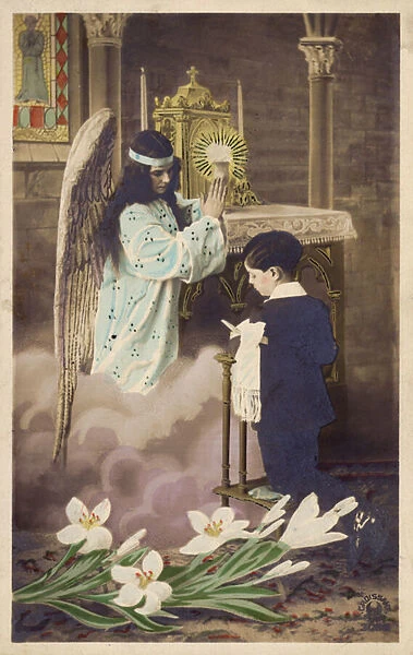 Boy taking first communion, attended to by Guardian Angel (coloured photo)