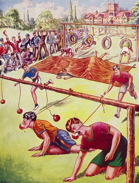 Boys competing in an obstacle race (colour litho)