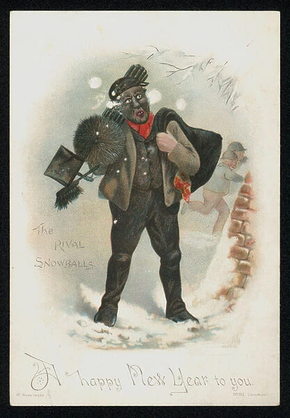 Two boys throwing snowballs at a chimney sweep, New Years greetings card. (chromolitho)