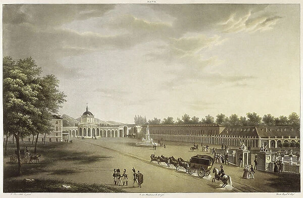 BRAMBOLA, Fernando (1763-1834). Painter. Spain (19th c.). Convent and Square of San Antonio in the Royal Site of Aranjuez. Engraving from a painting by Fernando Bambrila. Romanticism. Costumbrism. Litography. SPAIN. MADRID (AUTONOMOUS COMMUNITY)