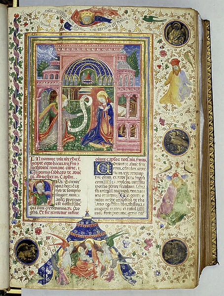 Breviarium romanum (Roman breviary). Illuminated manuscript representing the annunciation, the nativity and some zodiac signs. Biblioteca Palatina, Parma