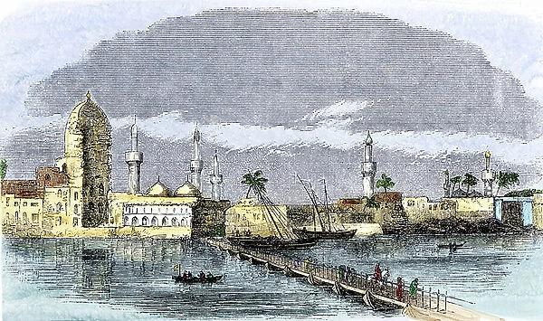 Bridge over the Tiger River in Baghdad, Iraq, Mesopotamia, years 1850. Colouring engraving of the 19th century