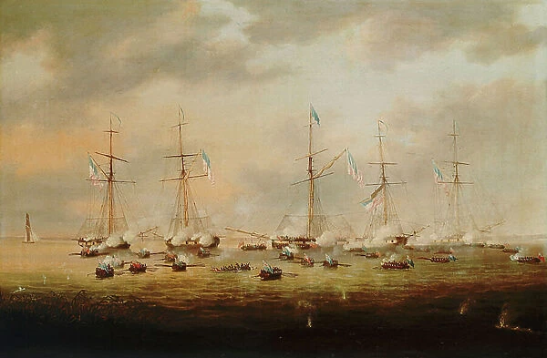 British and American gunboats in action on Lake Borgne, 14 December 1814, 19th century (oil on canvas)