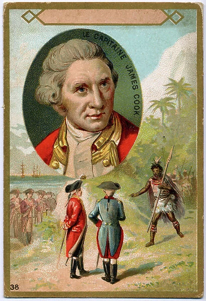 The british explorer James Cook at Tahiti, c.1768. c.1900 (chromo)