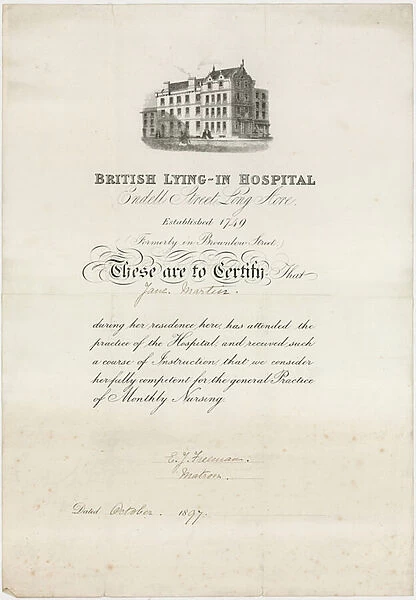 British Lying-In Hospital. Nursing certificate (engraving)