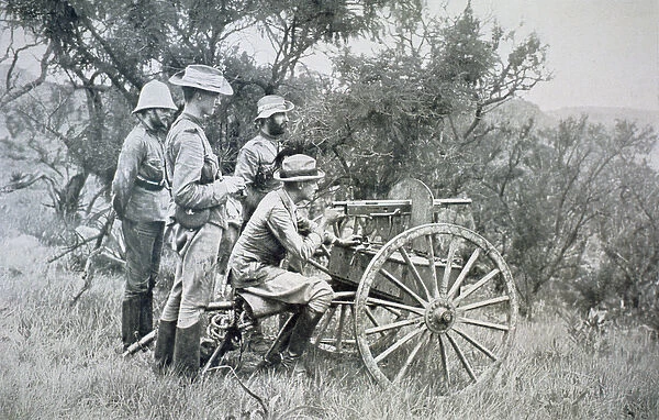 British machine-gun firing on Boers from ambush near Krantz Kloof (b  /  w photo)