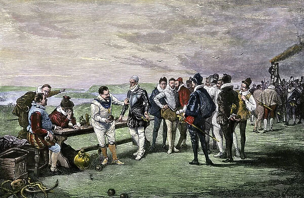 British Navy officers playing a ball game on Plymouth Hoe, waiting for the approach of the terrible Spanish Armada, 1588. Among them, the English navigator Sir Francis Drake, (1540-1596)