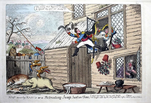 British satire of Napoleon escaping the Cossacks, Russia 1812