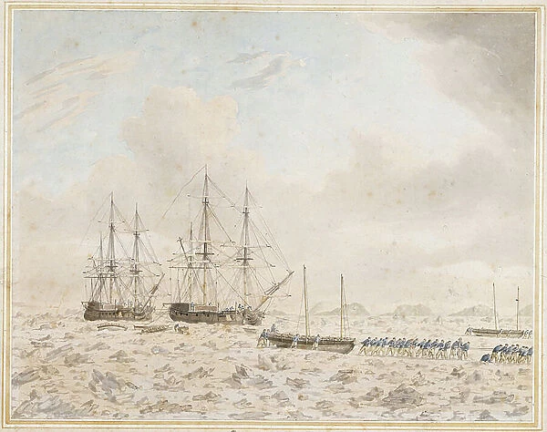 The British ships Racehorse and Carcass, caught in the ice during an Arctic expedition, the crew pulled the boats, August 7, 1773