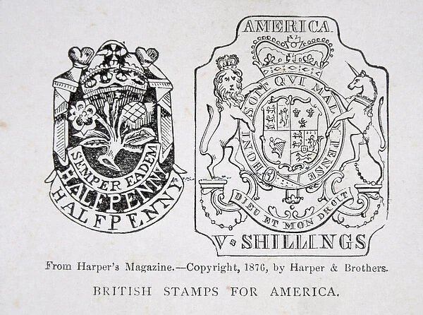 British stamps for America, 1765, pub. in Harpers Magazine in 1876, 1765 (litho)