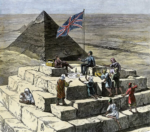 British tourists taking their Christmas lunch at the top of the Great Pyramid of Giza (Egypt). Having planted the flag of the British Empire they drink around a picnic, eccompagne by their Arab guides, around 1800. Colour engraving, 19th century