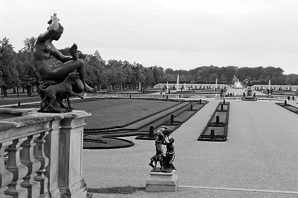 Bronze scultpures by Adriaen de Vries in the garden of Drottningholm Castle on Lovon Island by the side of the castle steps with a view of the baroque garden, 1969