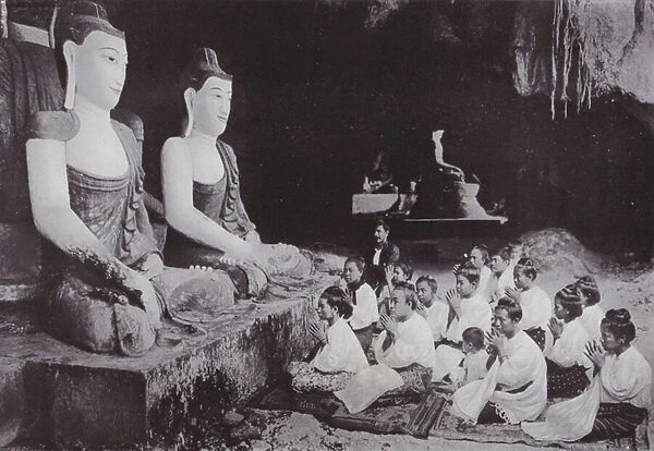 Buddha figures, Bingyi Caves, near Moulmein, Burma (b  /  w photo)