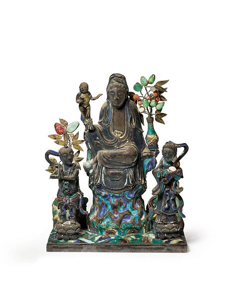 Buddhist Figural Group, 18th-19th century (silver, painted enamel & hardstone)