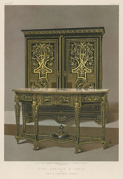 Buhl Cabinet and Table by Toms and Luscombe, London (chromolitho)