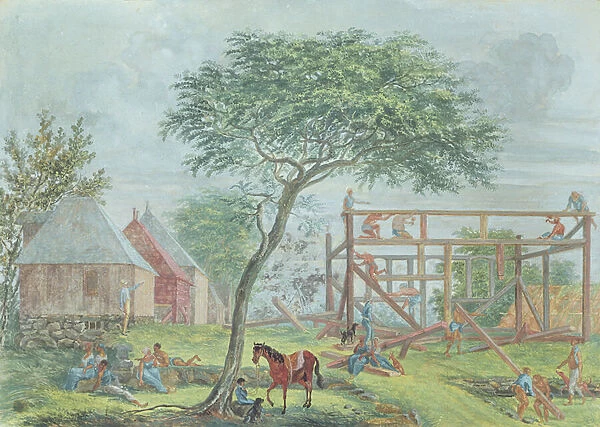 Building a house on the Ile de la Reunion, c. 1810-15 (w  /  c on paper)