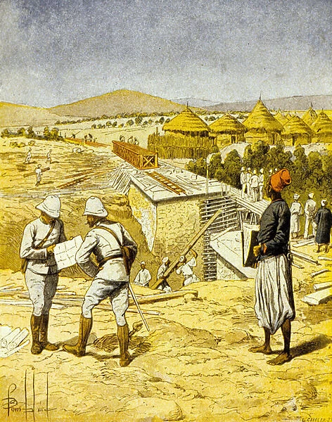 Building of the railway between Medine and Bafoulabe (colour litho)