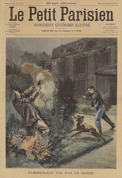 A burglar shot by a guard (colour litho)
