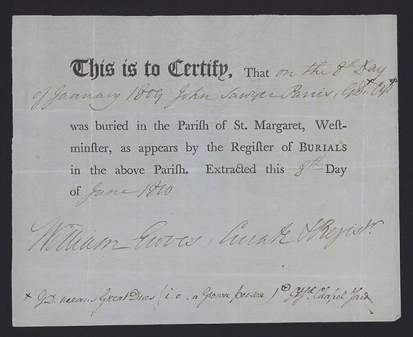 Burial certificate for the parish of St Margaret, Westminster, London, 1809 (litho)