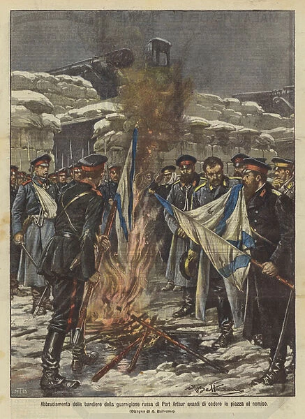 Burning the flags of the Russian garrison at Port Arthur before surrendering the square to the enemy (Colour Litho)