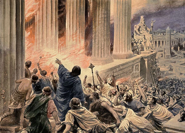 The Burning of the Library at Alexandria in 391 AD, illustration from Hutchinsons History of the Nations, c. 1910 (later colouration) (litho)