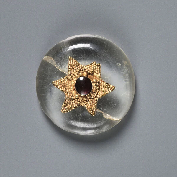 Button, 500s (rock crystal with a garnet mounted in a gold granulated star)