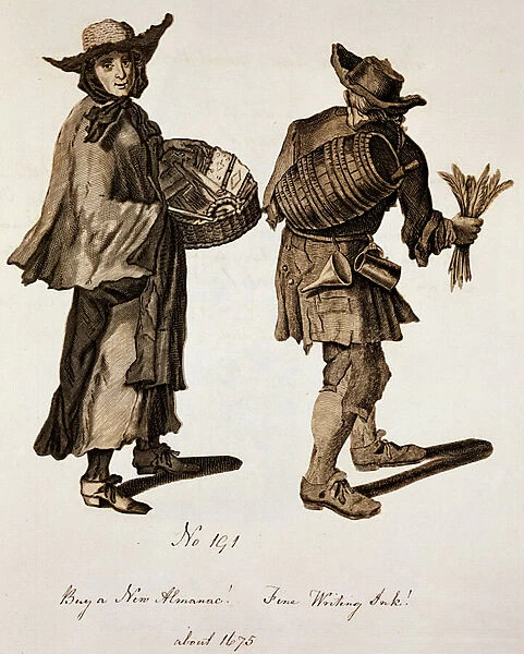 Buy a new Almanac! Fine writing ink!, illustration of street sellers around
