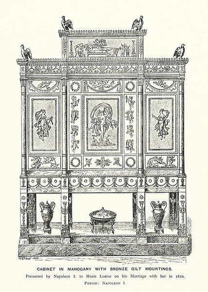 Cabinet in Mahogany with Bronze Gilt Mountings, Napoleon I (coloured engraving)