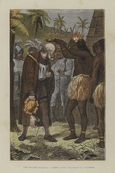 The Cacique placing a crown on the head of Columbus (coloured engraving)