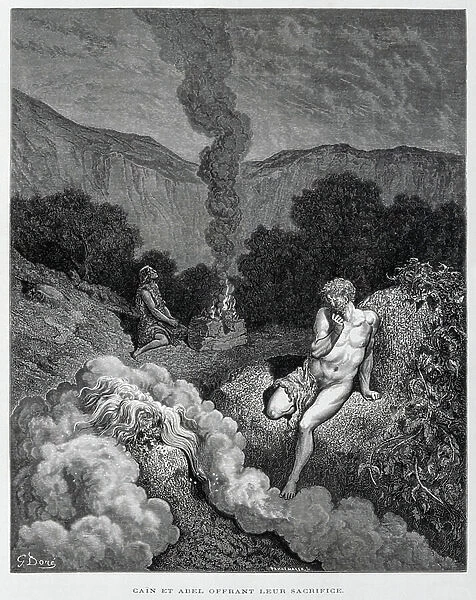 Cain and Abel offer sacrifices, Illustration from the Dore Bible, 1866