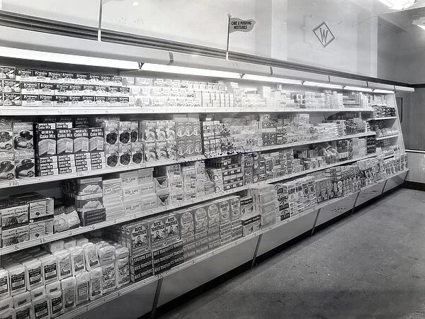 Cake and pudding mixture aisle, Woolworths store, 1956 (b  /  w photo)