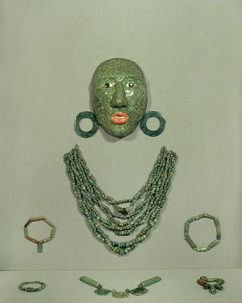 Calakmul funerary mask with collar and earrings, Yucatan Peninsula