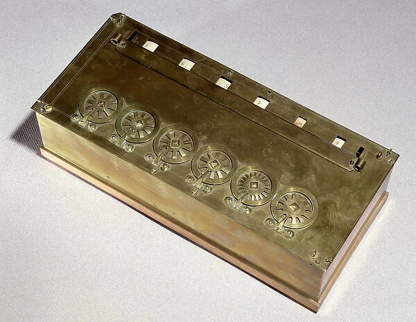 Calculating machine invented by Blaise Pascal (1623-62) in 1642 (wood & metal)