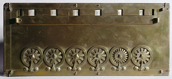 Calculating machine invented by Blaise Pascal (1623-63) in 1642 (wood and metal)