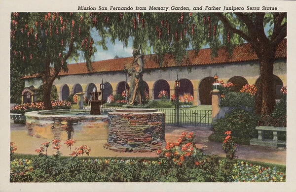 California: Mission San Fernando from Memory Garden, and Father Junipero Serra statue (photo)
