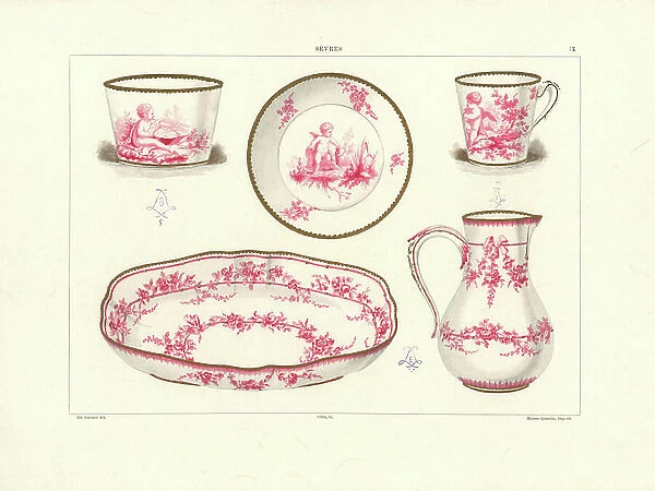Camaieu decoration on Sevres pottery: small sugar bowl painted by Carrier 1754, obconic cup and saucer painted by Moiron 1754, and water jug and bowl with flowers by Tandard 1757