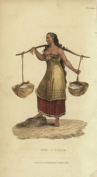 Canada, young Malay girl of Timor in sarong carrying water with a yoke. Handcoloured copperplate engraving after an illustration by Nicolas Martin Peute from Frederic Shoberl's The World in Miniature: The Asiatic Islands and New Holland, R