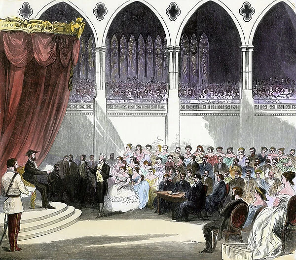 Canada's first independent parliamentary session in 1867, opening of the first Parliament of the Dominion of Canada. Color lithography, 19th century
