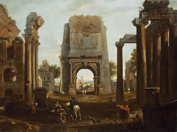 A Capriccio of Roman Ruins with the Arch of Titus and Figures (oil)
