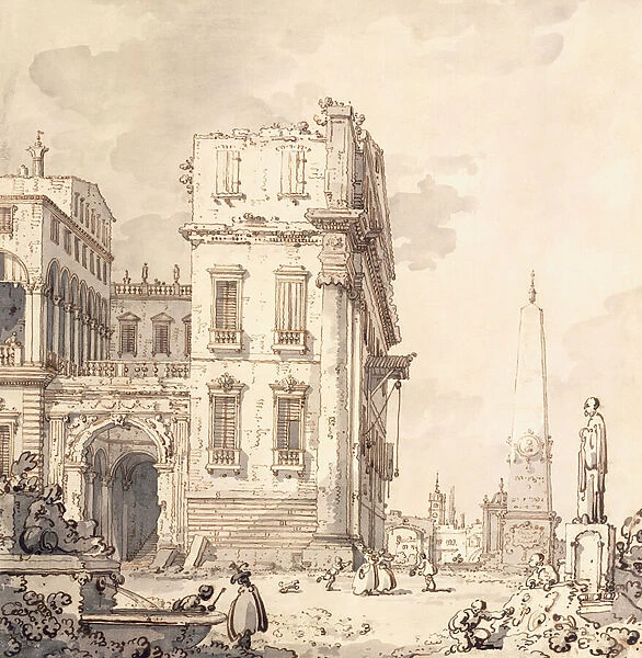 A capriccio of a Venetian Palace Overlooking a Piazza with an Obelisk, (black chalk