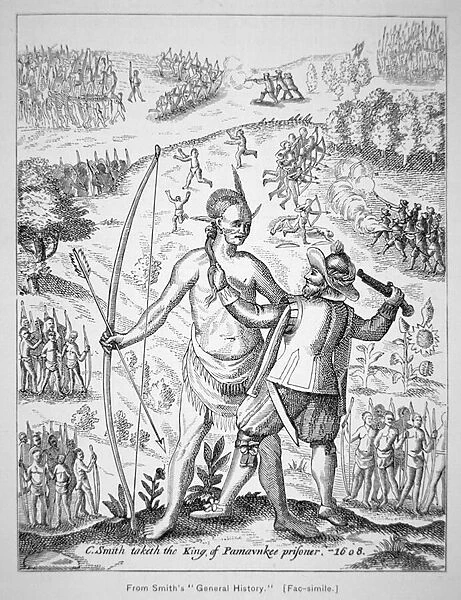 Captain John Smith (1580-1631) capturing an Indian Chief in 1608